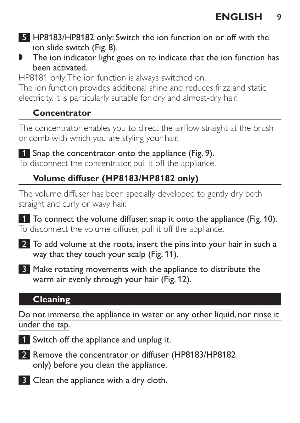 Concentrator, Volume diffuser (hp8183/hp8182 only), Cleaning | Philips SalonDry Control Haartrockner User Manual | Page 9 / 52