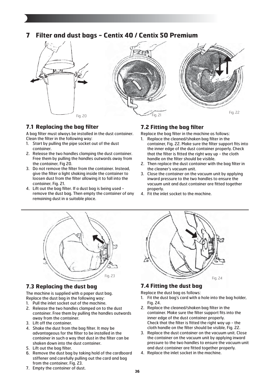 3 replacing the dust bag, 1 replacing the bag ﬁ lter, 2 fitting the bag ﬁ lter | 4 fitting the dust bag | Nilfisk-ALTO 20 User Manual | Page 10 / 49