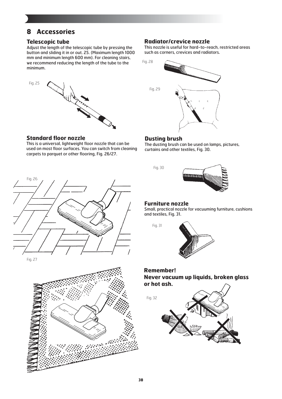 8 accessories, Standard ﬂ oor nozzle, Dusting brush | Telescopic tube, Radiator/crevice nozzle | Nilfisk-ALTO 20 User Manual | Page 12 / 49