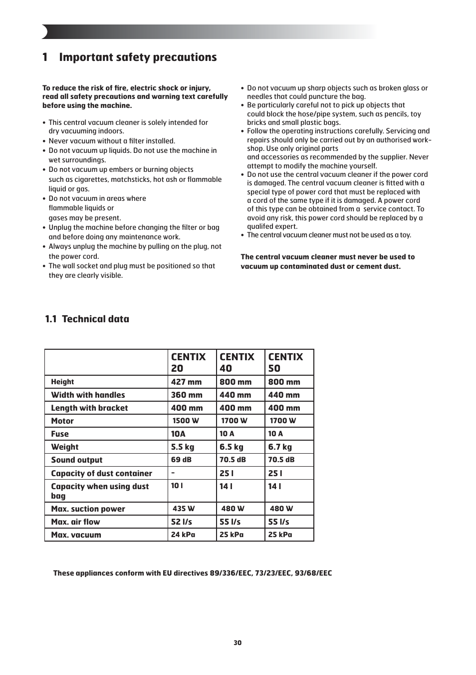 1 important safety precautions, 1 technical data | Nilfisk-ALTO 20 User Manual | Page 4 / 49