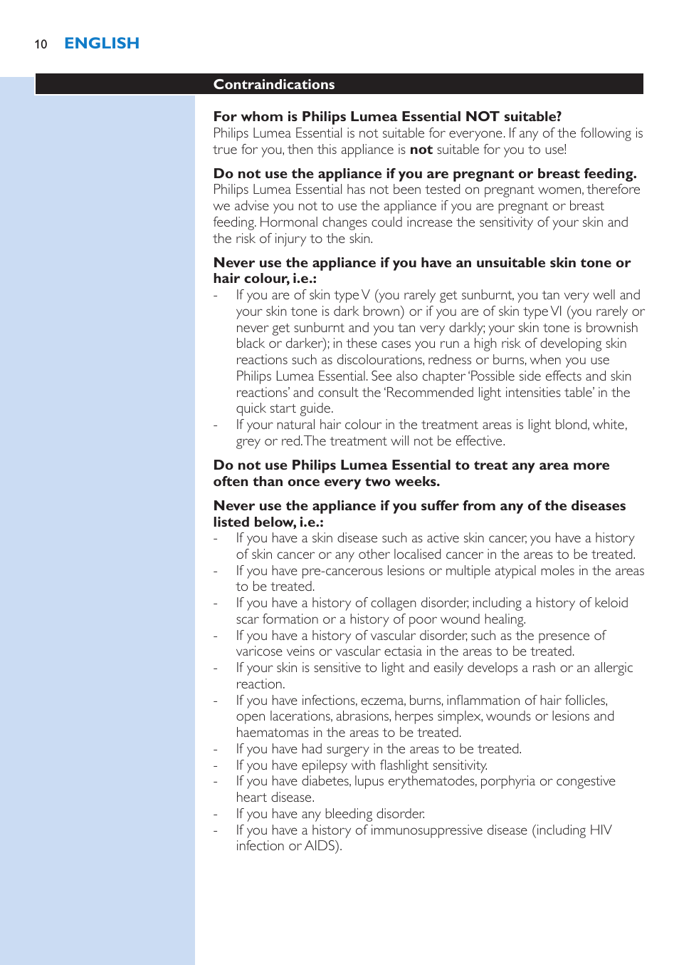 Philips Lumea IPL Haarentfernungssystem User Manual | Page 10 / 146