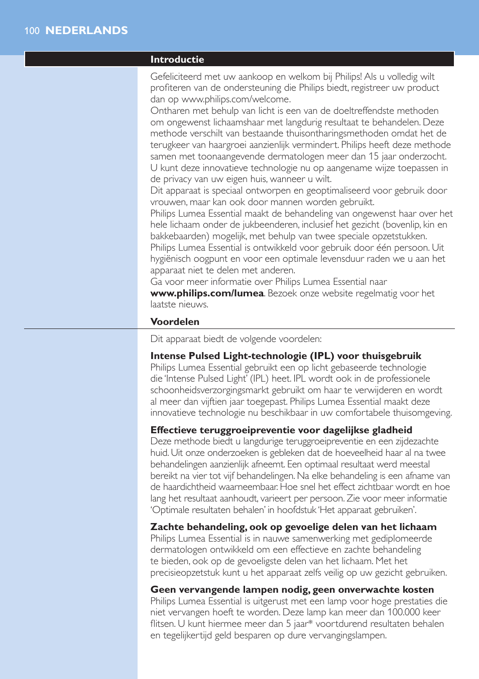Nederlands, Nederlands 10 | Philips Lumea IPL Haarentfernungssystem User Manual | Page 100 / 146
