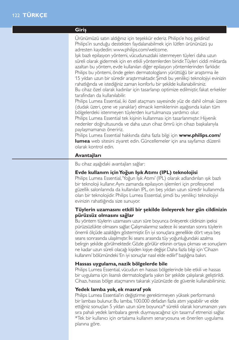 Türkçe, Türkçe 12 | Philips Lumea IPL Haarentfernungssystem User Manual | Page 122 / 146