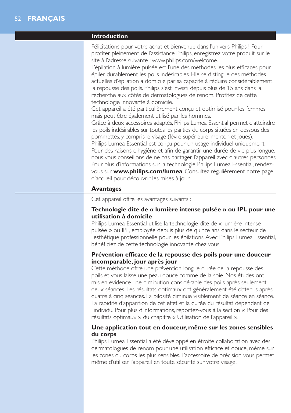 Français, Français 52 | Philips Lumea IPL Haarentfernungssystem User Manual | Page 52 / 146