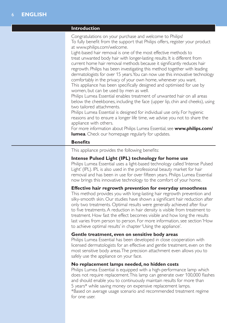 English | Philips Lumea IPL Haarentfernungssystem User Manual | Page 6 / 146