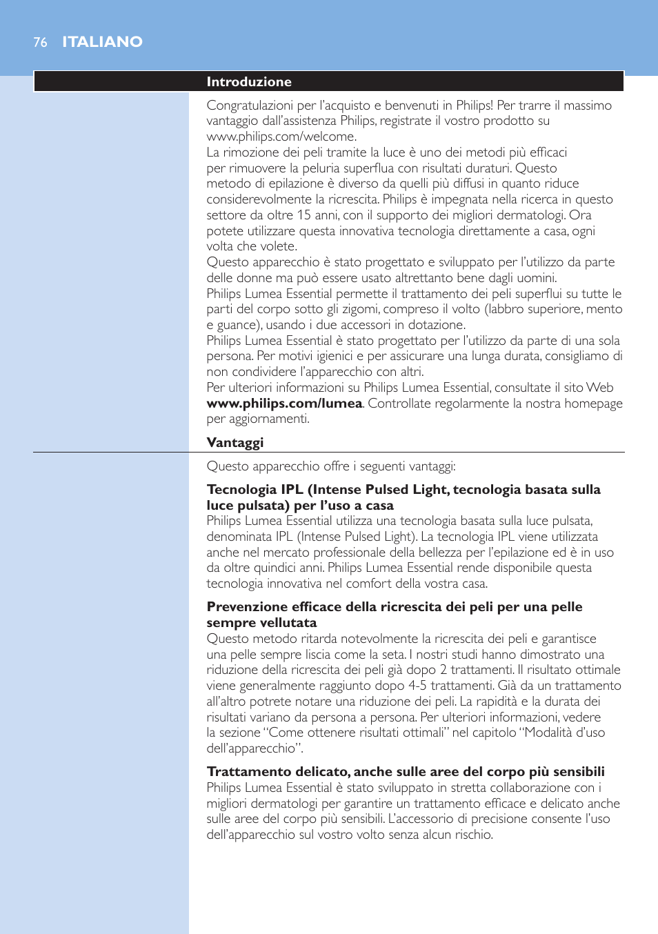 Italiano | Philips Lumea IPL Haarentfernungssystem User Manual | Page 76 / 146