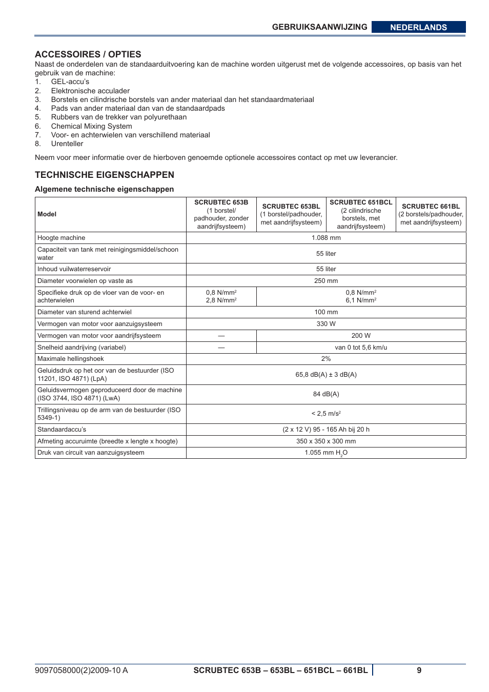 Accessoires / opties, Technische eigenschappen | Nilfisk-ALTO SCRUBTEC 651BCL User Manual | Page 101 / 124