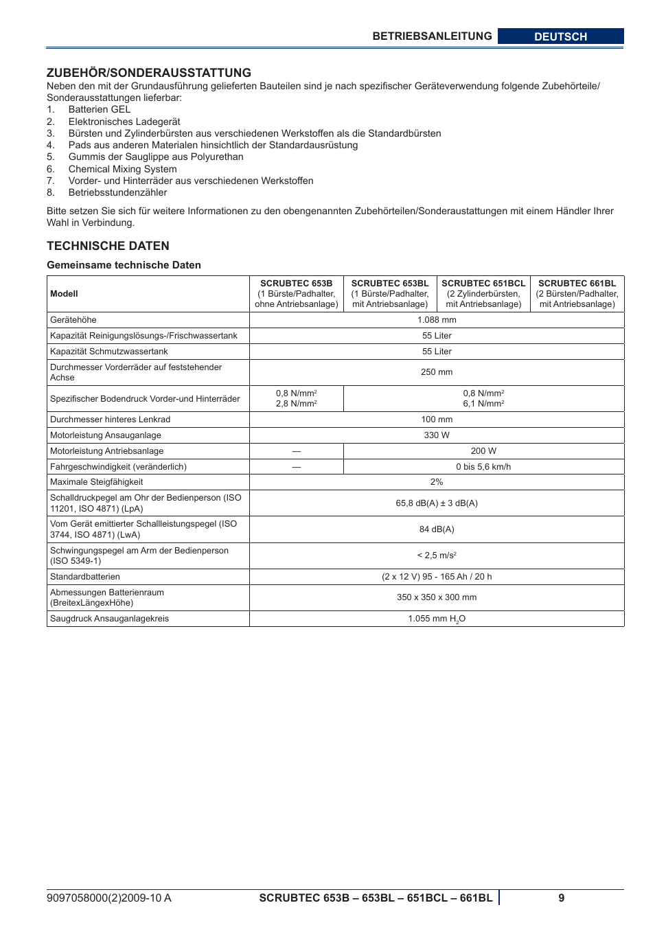 Zubehör/sonderausstattung, Technische daten | Nilfisk-ALTO SCRUBTEC 651BCL User Manual | Page 11 / 124