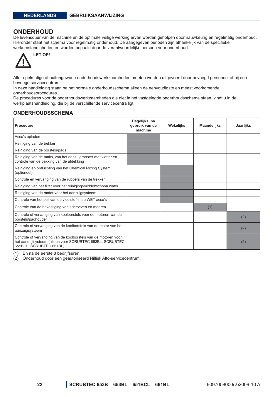 Onderhoud, Onderhoudsschema | Nilfisk-ALTO SCRUBTEC 651BCL User Manual | Page 114 / 124