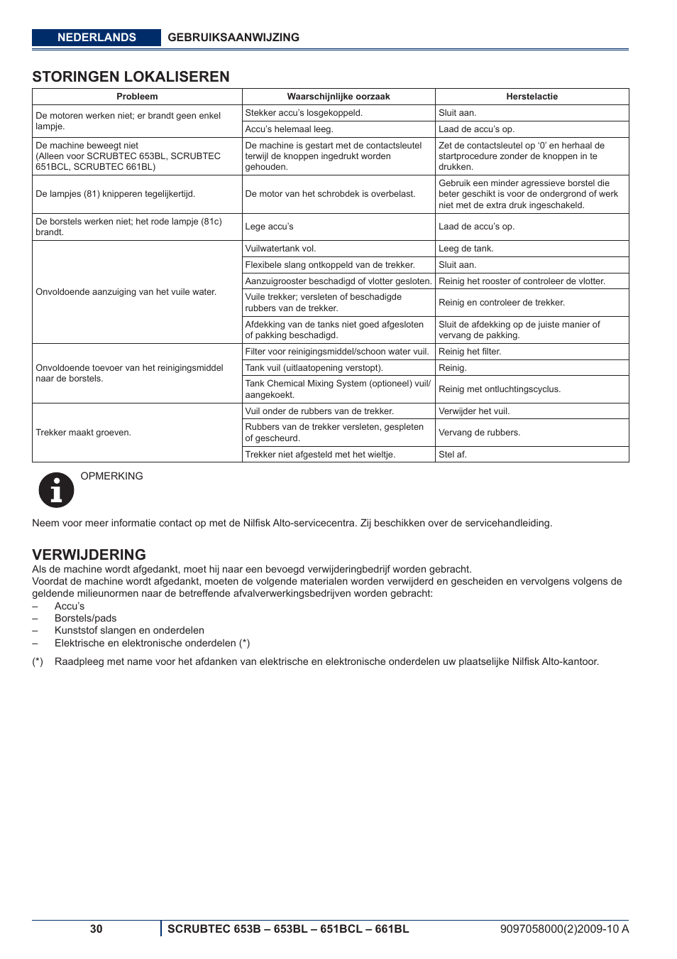 Storingen lokaliseren, Verwijdering | Nilfisk-ALTO SCRUBTEC 651BCL User Manual | Page 122 / 124