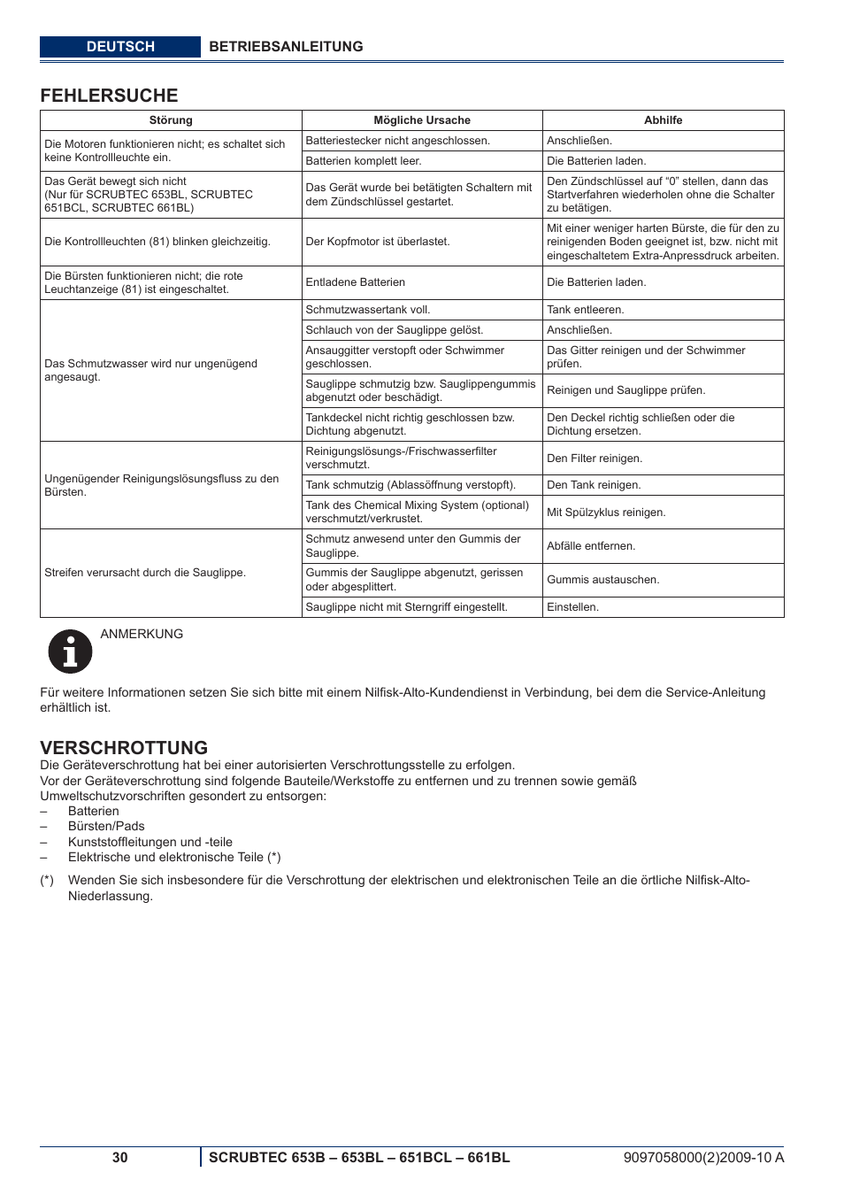 Fehlersuche, Verschrottung | Nilfisk-ALTO SCRUBTEC 651BCL User Manual | Page 32 / 124