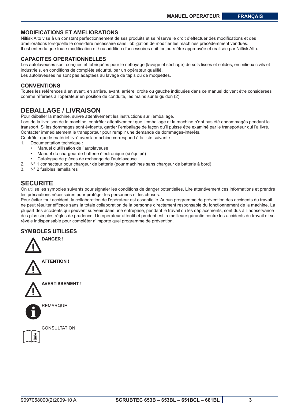 Deballage / livraison, Securite | Nilfisk-ALTO SCRUBTEC 651BCL User Manual | Page 35 / 124