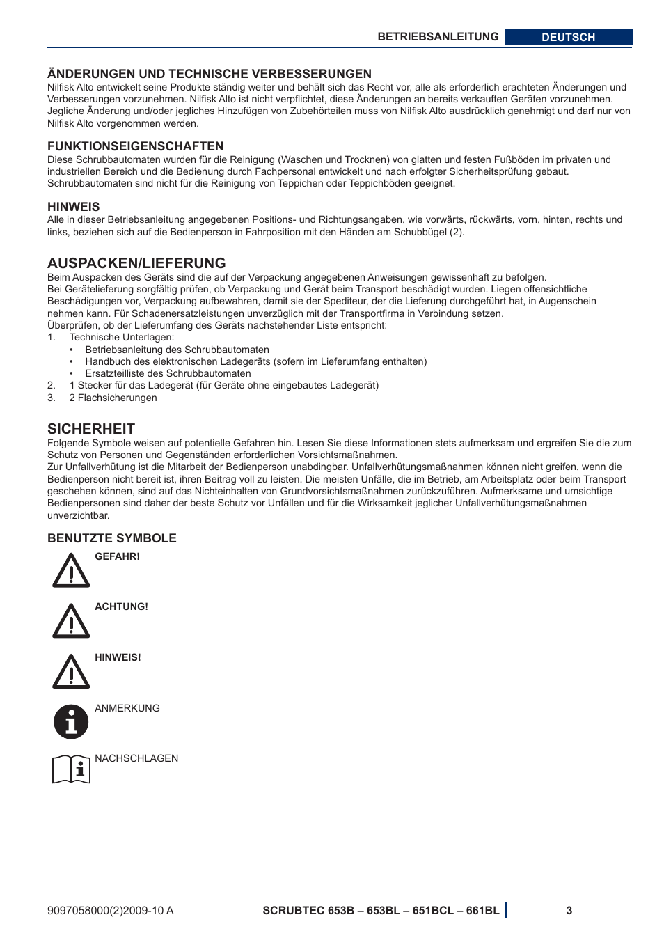 Auspacken/lieferung, Sicherheit | Nilfisk-ALTO SCRUBTEC 651BCL User Manual | Page 5 / 124