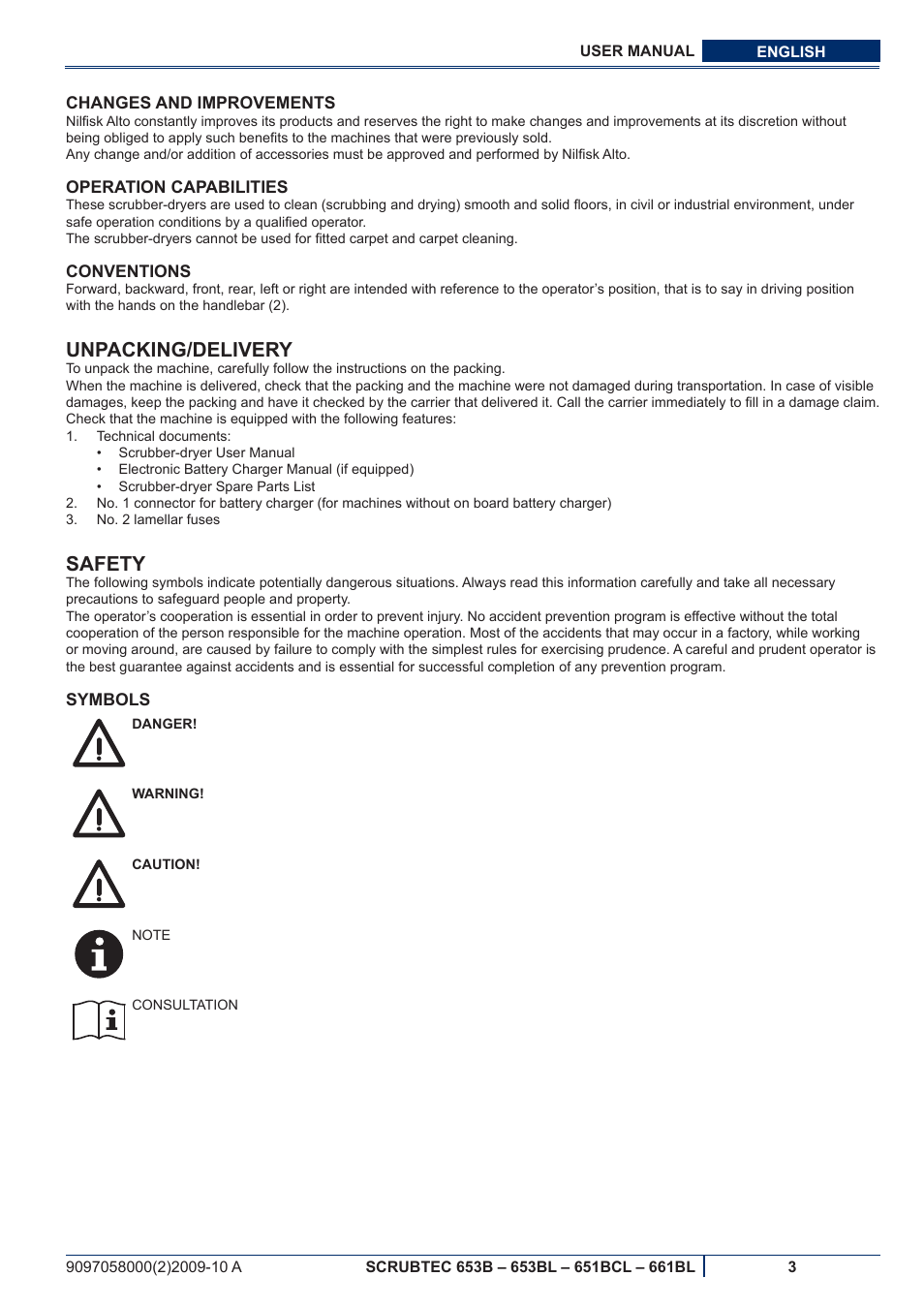 Unpacking/delivery, Safety | Nilfisk-ALTO SCRUBTEC 651BCL User Manual | Page 65 / 124