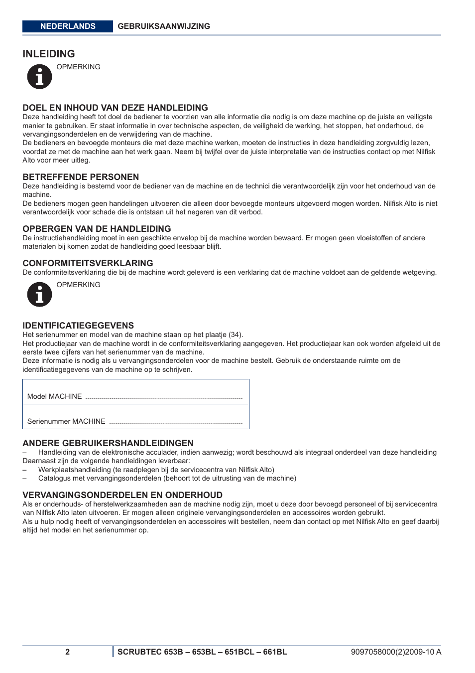 Inleiding | Nilfisk-ALTO SCRUBTEC 651BCL User Manual | Page 94 / 124