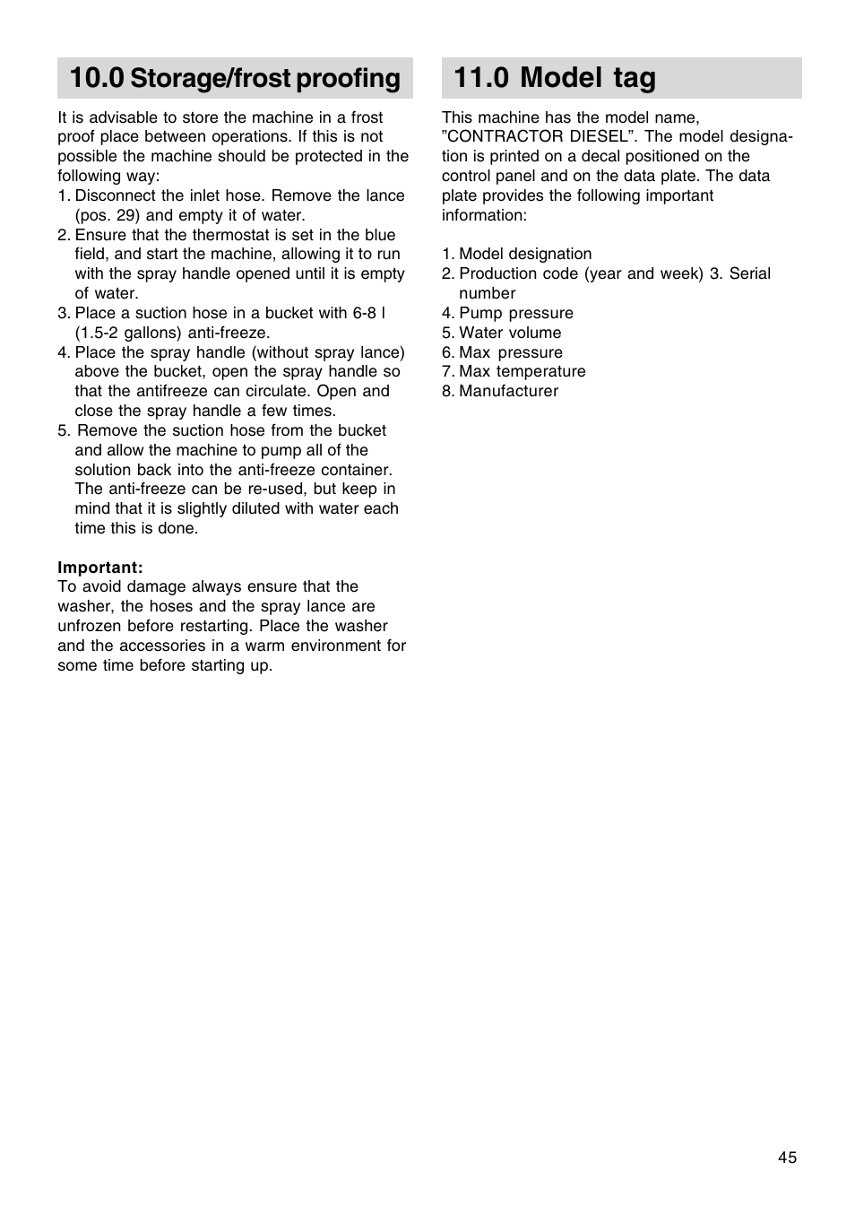 0 model tag, Storage/frost proofing | Nilfisk-ALTO Contractor Diesel User Manual | Page 10 / 16