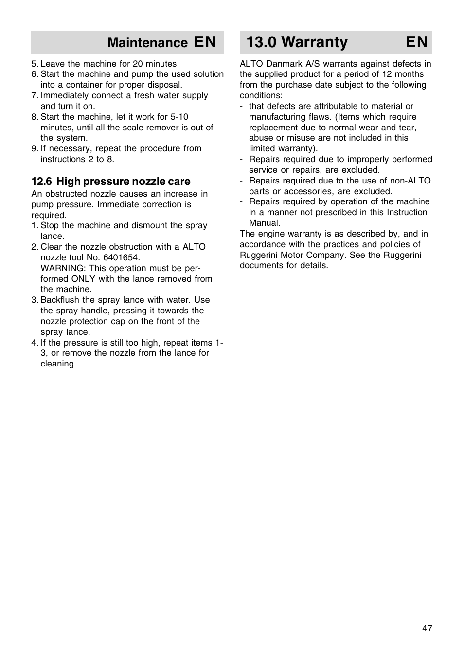 En 13.0 warranty en, Maintenance | Nilfisk-ALTO Contractor Diesel User Manual | Page 12 / 16