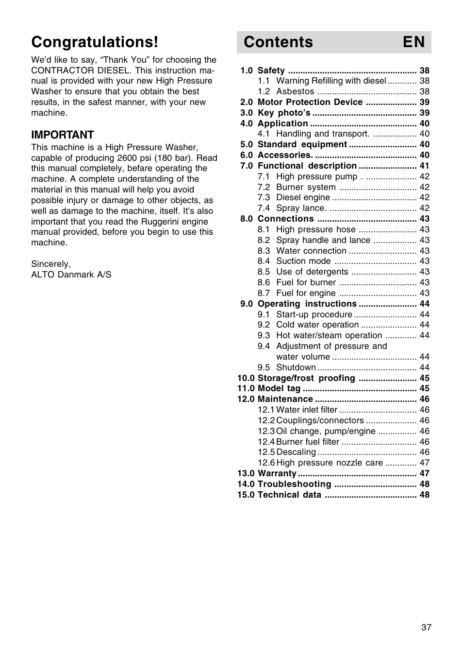 Contents en | Nilfisk-ALTO Contractor Diesel User Manual | Page 2 / 16