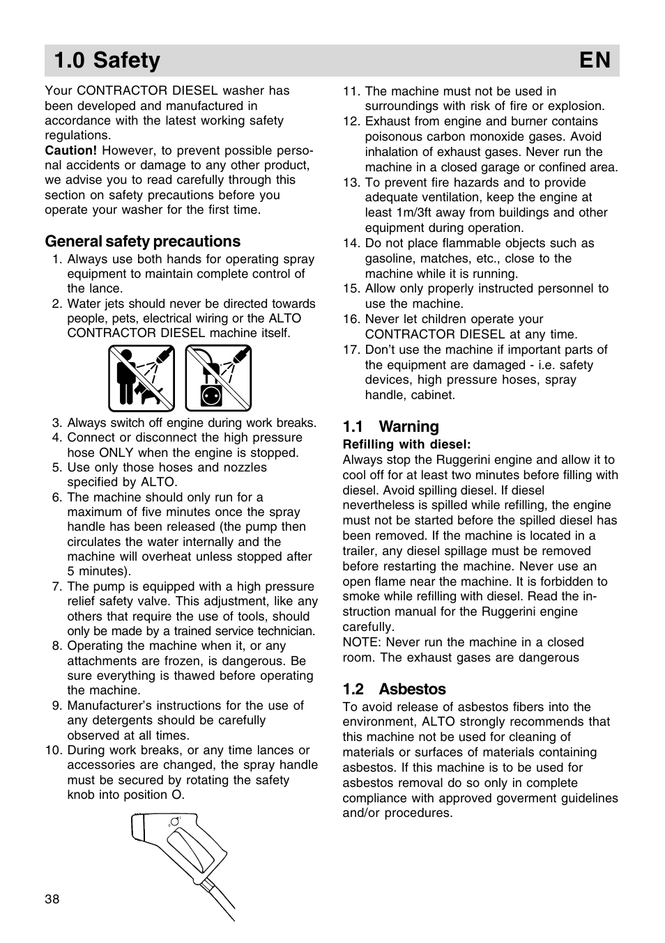 0 safety en, 1 warning, 2 asbestos | General safety precautions | Nilfisk-ALTO Contractor Diesel User Manual | Page 3 / 16