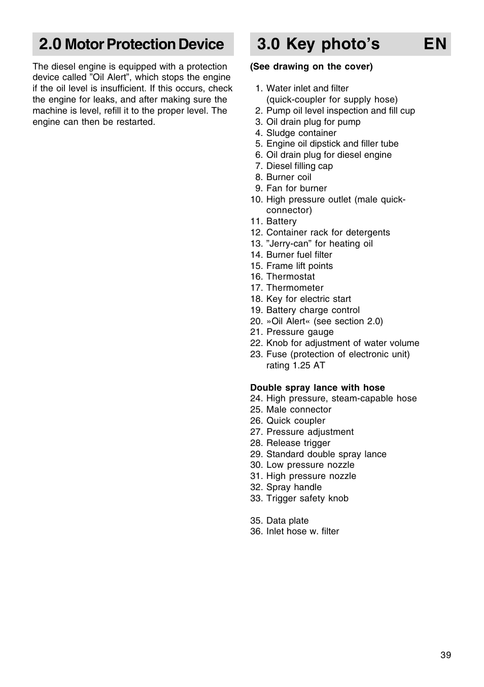 0 key photo’s en, Motor protection device | Nilfisk-ALTO Contractor Diesel User Manual | Page 4 / 16