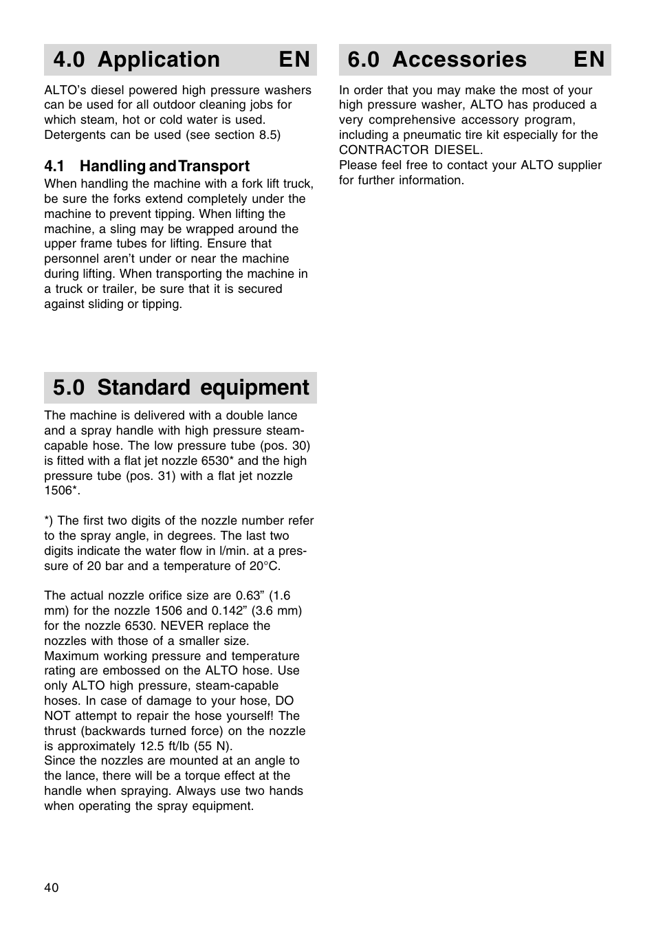 0 application en 6.0 accessories en, 0 standard equipment | Nilfisk-ALTO Contractor Diesel User Manual | Page 5 / 16