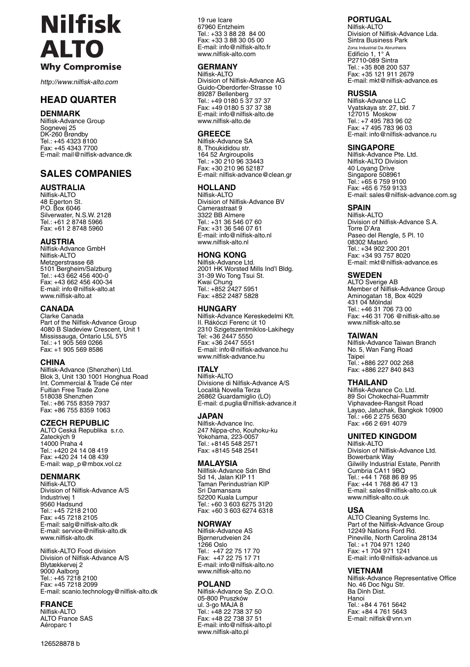 Head quarter, Sales companies | Nilfisk-ALTO 2-21 XT User Manual | Page 14 / 14