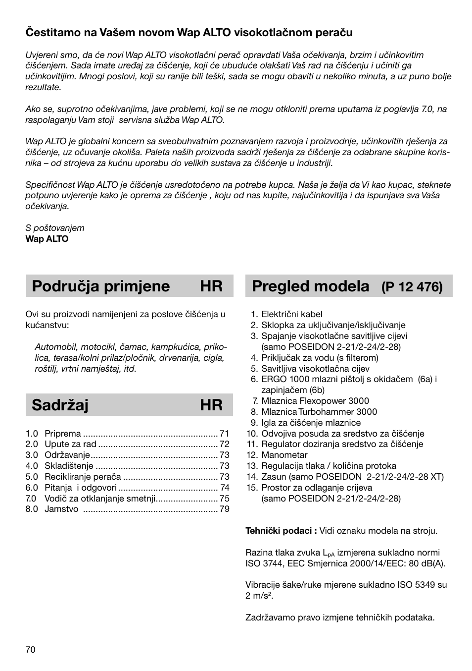 Pregled modela, Područja primjene hr, Sadržaj hr | Nilfisk-ALTO 2-21 XT User Manual | Page 3 / 14