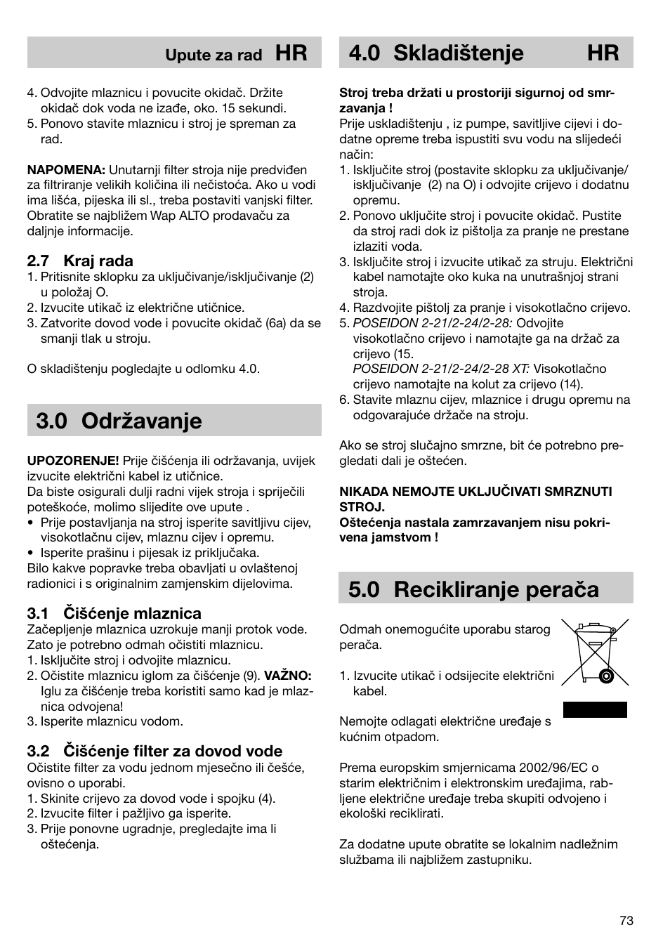 0 održavanje, 0 skladištenje hr, 0 recikliranje perača | Nilfisk-ALTO 2-21 XT User Manual | Page 6 / 14