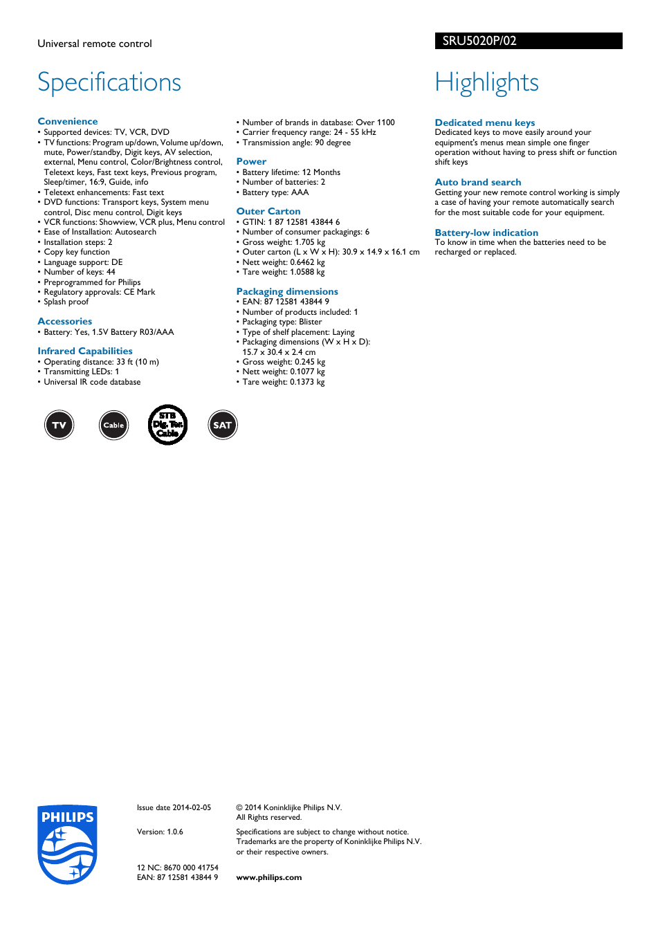 Specifications, Highlights | Philips Universal-Fernbedienung User Manual | Page 2 / 2