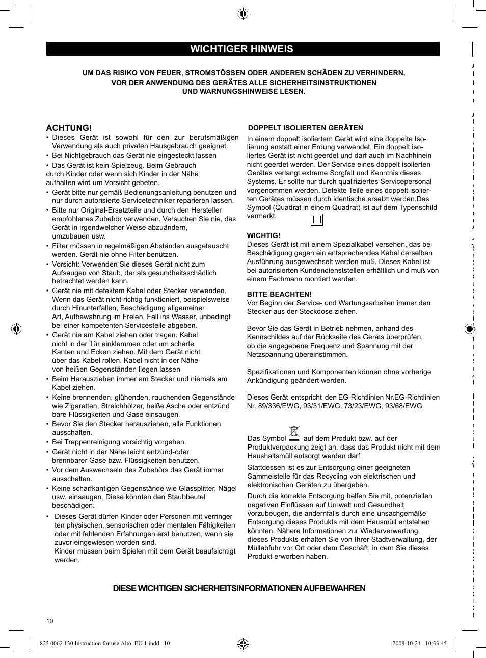 Wichtiger hinweis | Nilfisk-ALTO WD 3 User Manual | Page 10 / 32