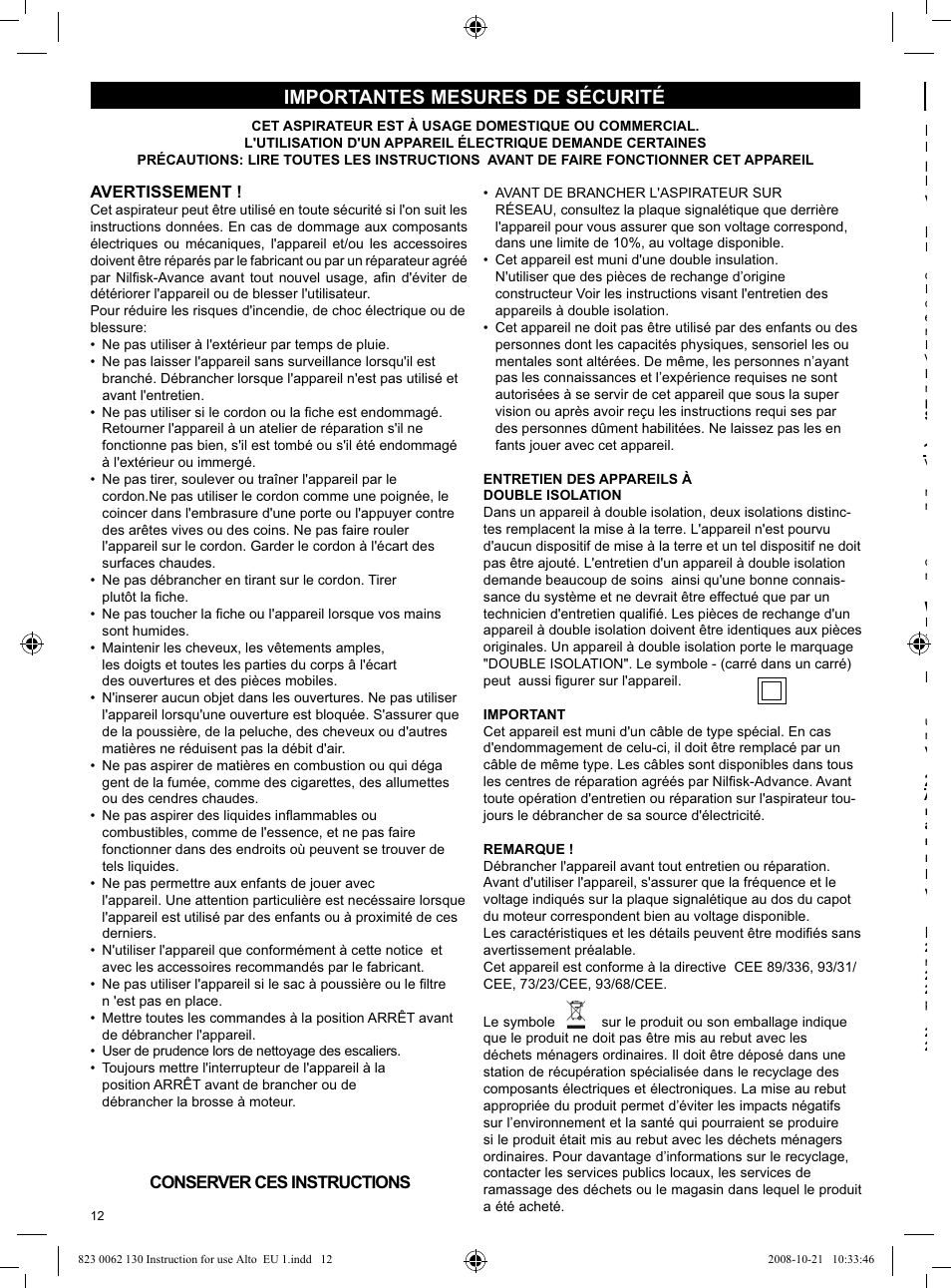 Importantes mesures de sécurité | Nilfisk-ALTO WD 3 User Manual | Page 12 / 32