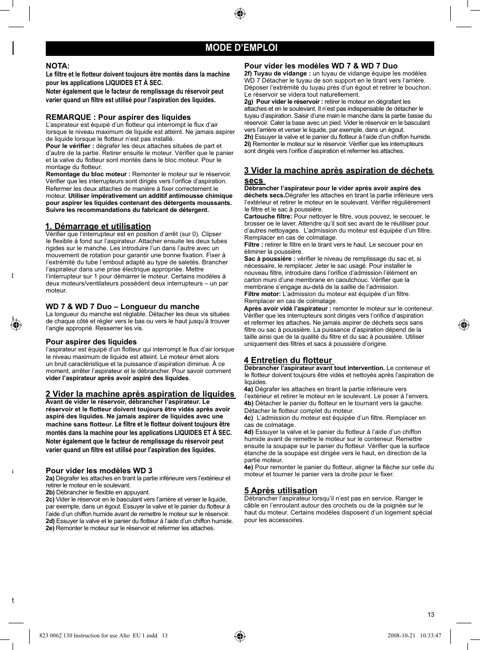 Mode d’emploi | Nilfisk-ALTO WD 3 User Manual | Page 13 / 32