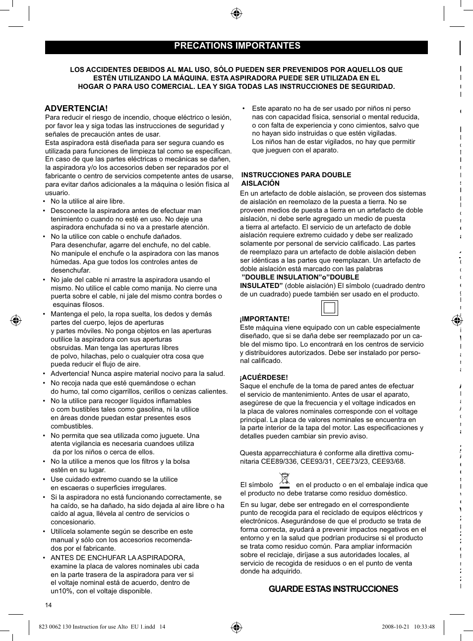 Precations importantes | Nilfisk-ALTO WD 3 User Manual | Page 14 / 32