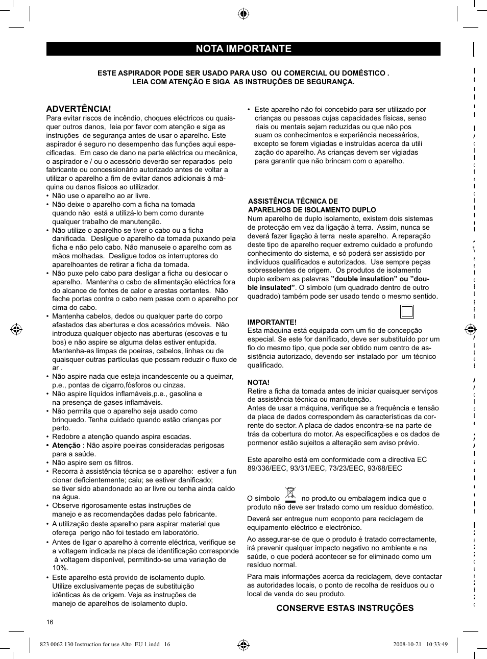 Nota importante | Nilfisk-ALTO WD 3 User Manual | Page 16 / 32