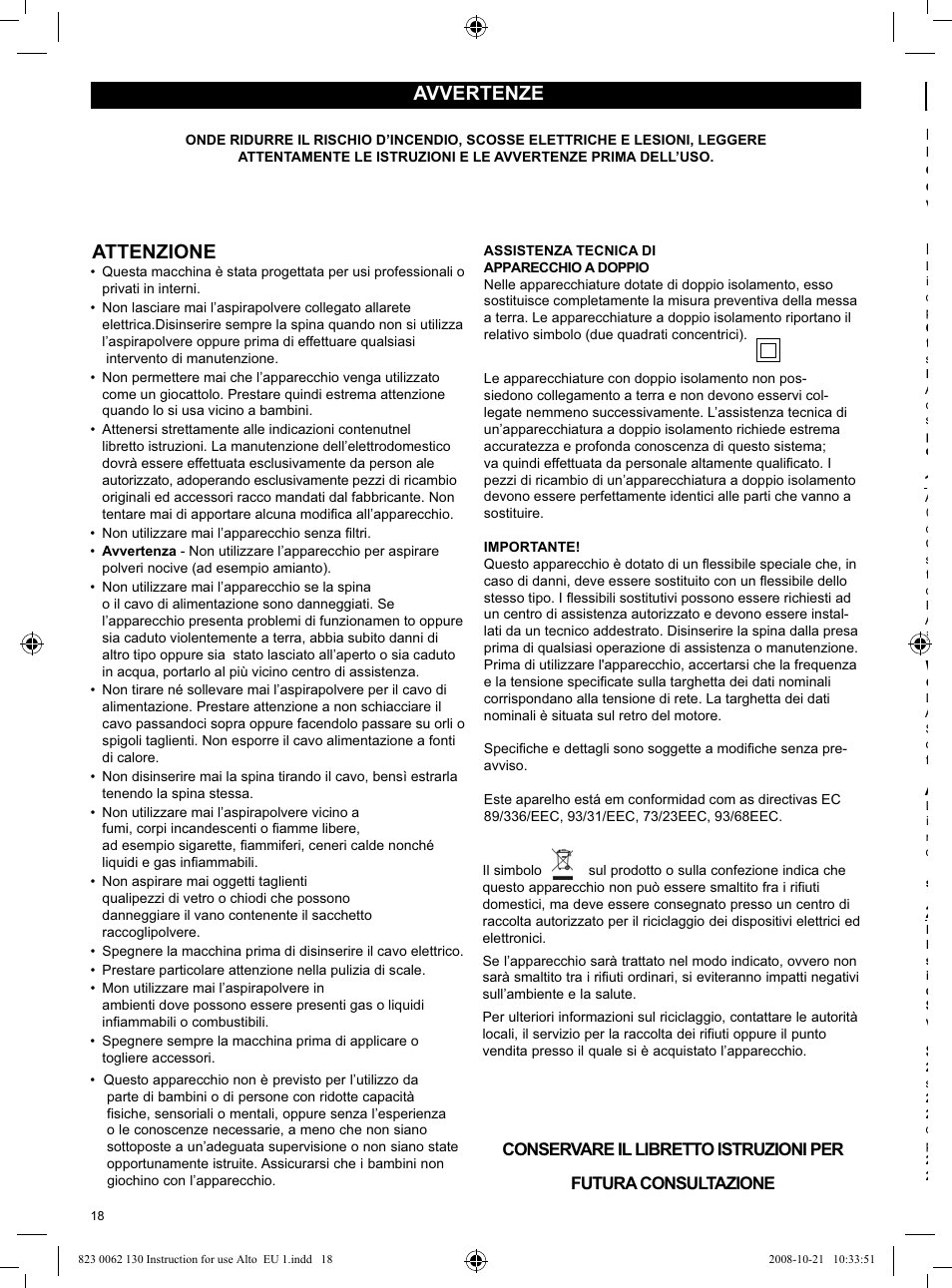 Avvertenze attenzione | Nilfisk-ALTO WD 3 User Manual | Page 18 / 32