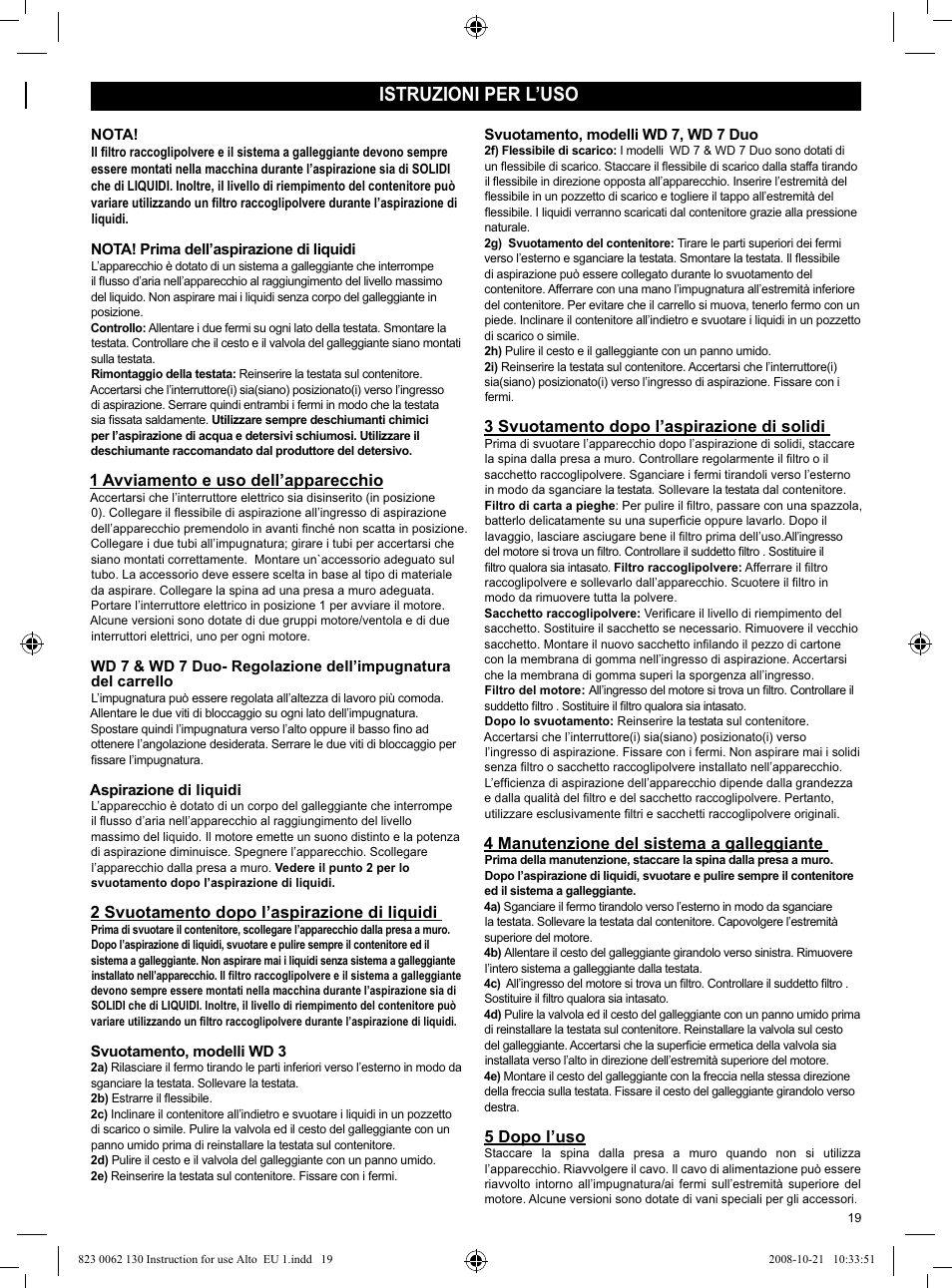 Istruzioni per l’uso | Nilfisk-ALTO WD 3 User Manual | Page 19 / 32