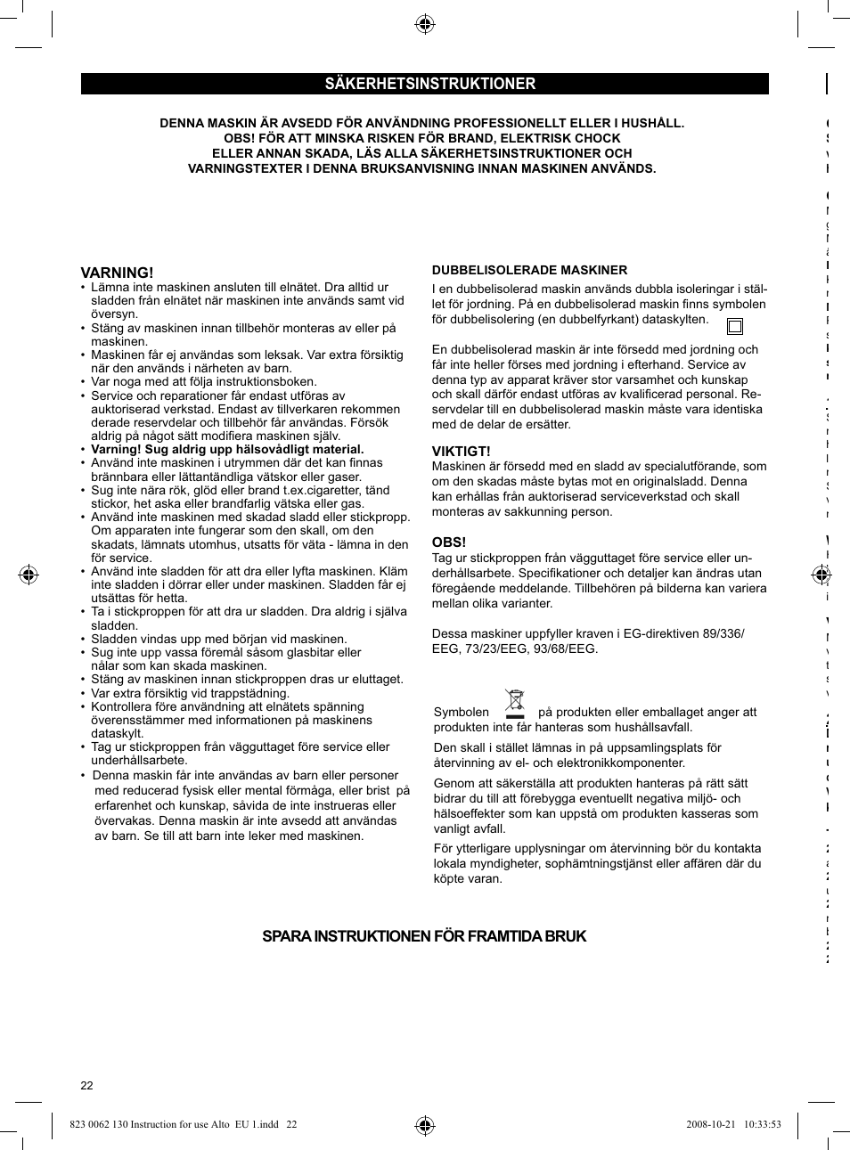 Säkerhetsinstruktioner | Nilfisk-ALTO WD 3 User Manual | Page 22 / 32