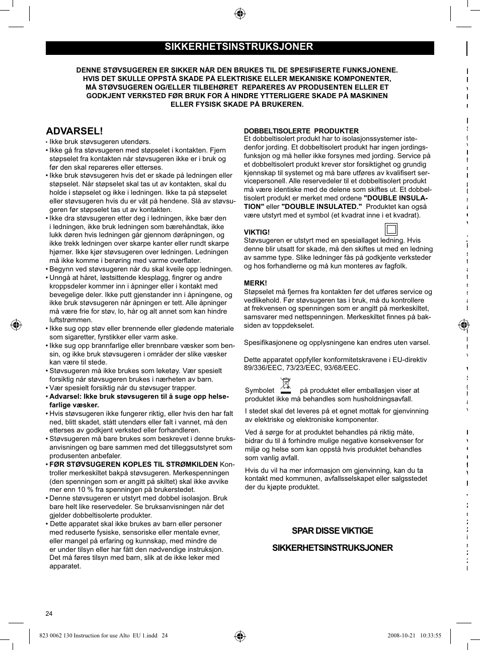 Sikkerhetsinstruksjoner advarsel | Nilfisk-ALTO WD 3 User Manual | Page 24 / 32