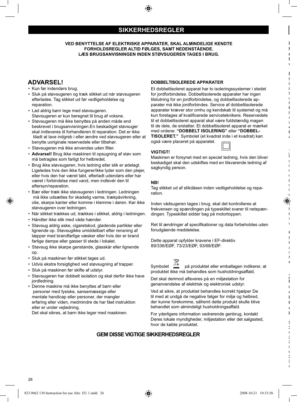 Sikkerhedsregler advarsel | Nilfisk-ALTO WD 3 User Manual | Page 26 / 32