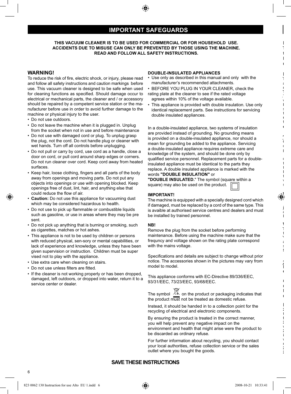 Important safeguards, Save these instructions | Nilfisk-ALTO WD 3 User Manual | Page 6 / 32