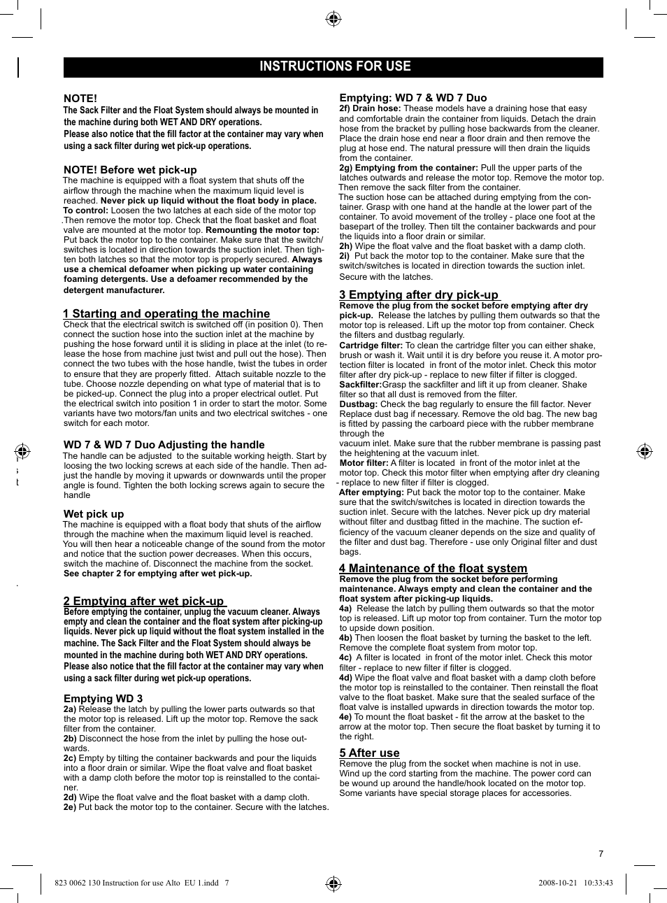 Instructions for use | Nilfisk-ALTO WD 3 User Manual | Page 7 / 32