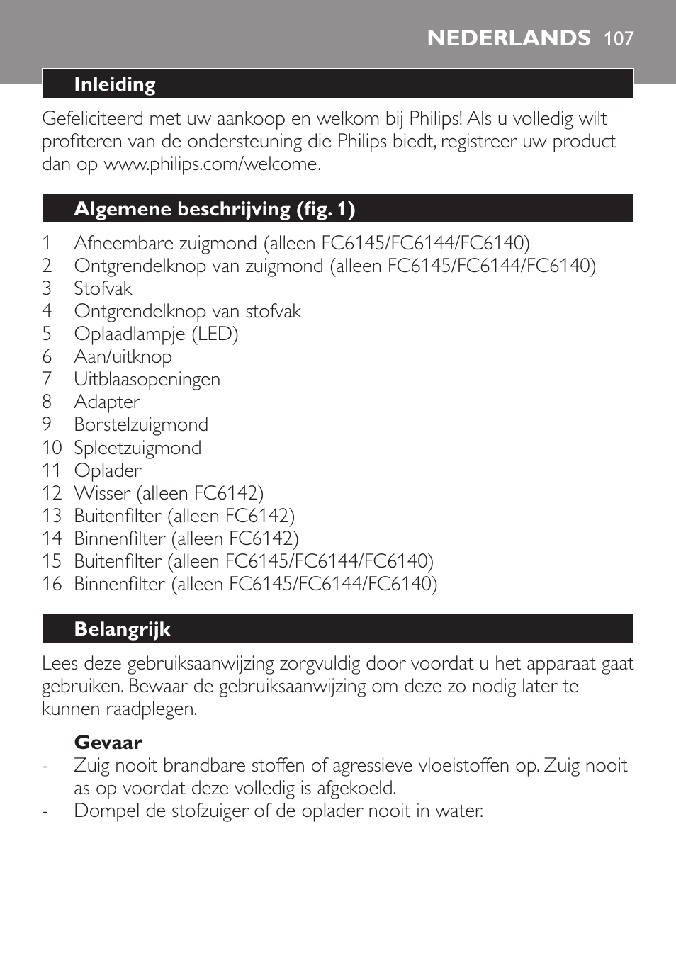 Nederlands, Nederlands 10 | Philips MiniVac Handstaubsauger User Manual | Page 107 / 172