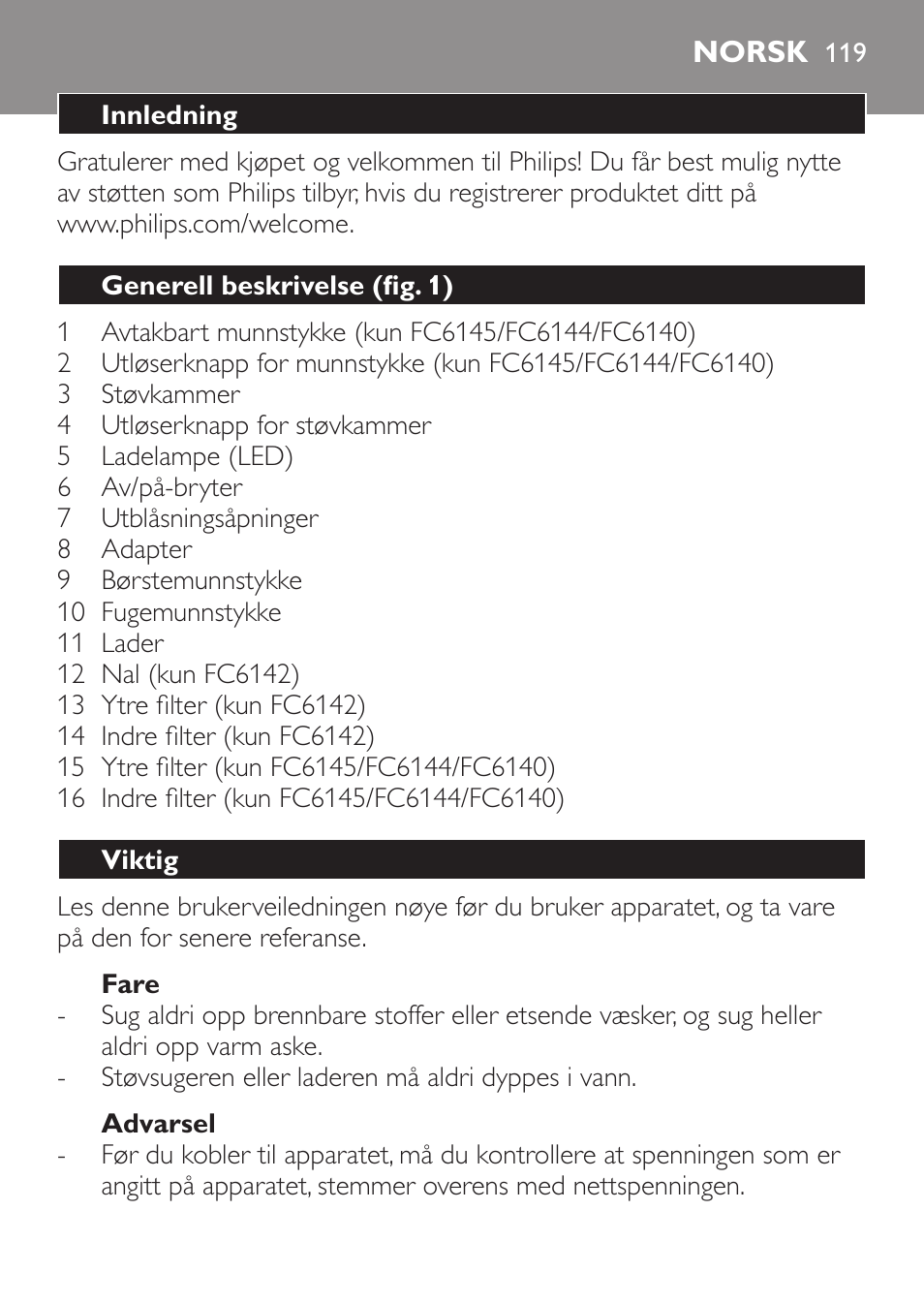 Norsk, Norsk 11 | Philips MiniVac Handstaubsauger User Manual | Page 119 / 172