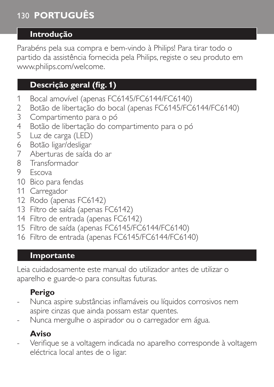 Português | Philips MiniVac Handstaubsauger User Manual | Page 130 / 172