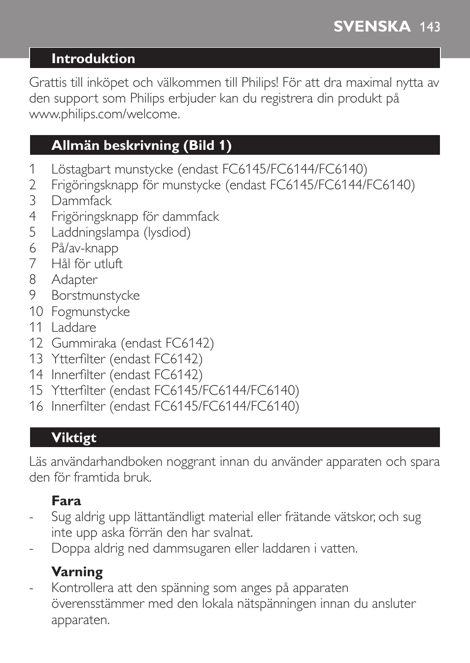 Svenska, Svenska 14 | Philips MiniVac Handstaubsauger User Manual | Page 143 / 172