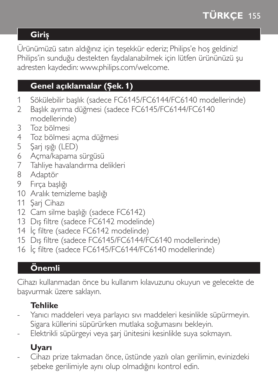 Türkçe, Türkçe 15 | Philips MiniVac Handstaubsauger User Manual | Page 155 / 172