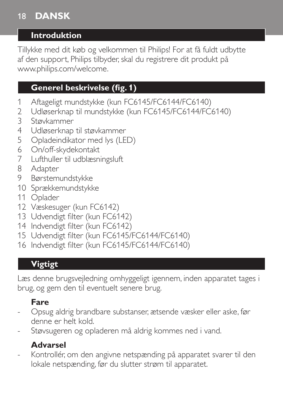 Dansk | Philips MiniVac Handstaubsauger User Manual | Page 18 / 172