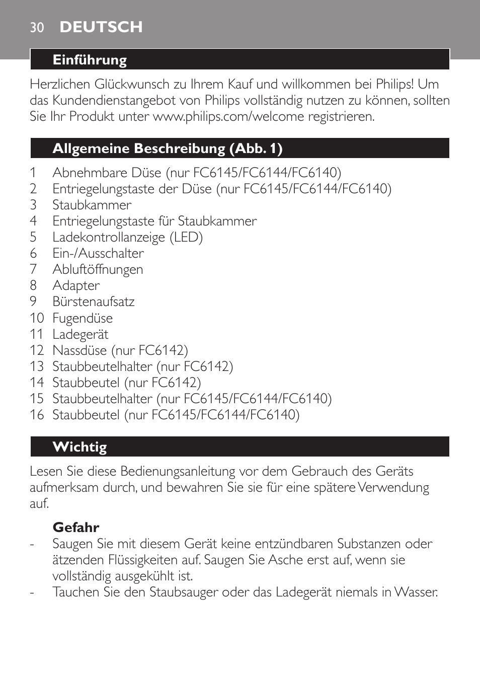 Deutsch, Deutsch 30 | Philips MiniVac Handstaubsauger User Manual | Page 30 / 172