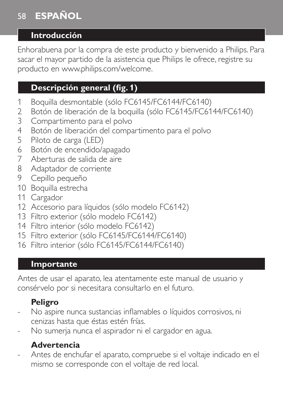 Español | Philips MiniVac Handstaubsauger User Manual | Page 58 / 172