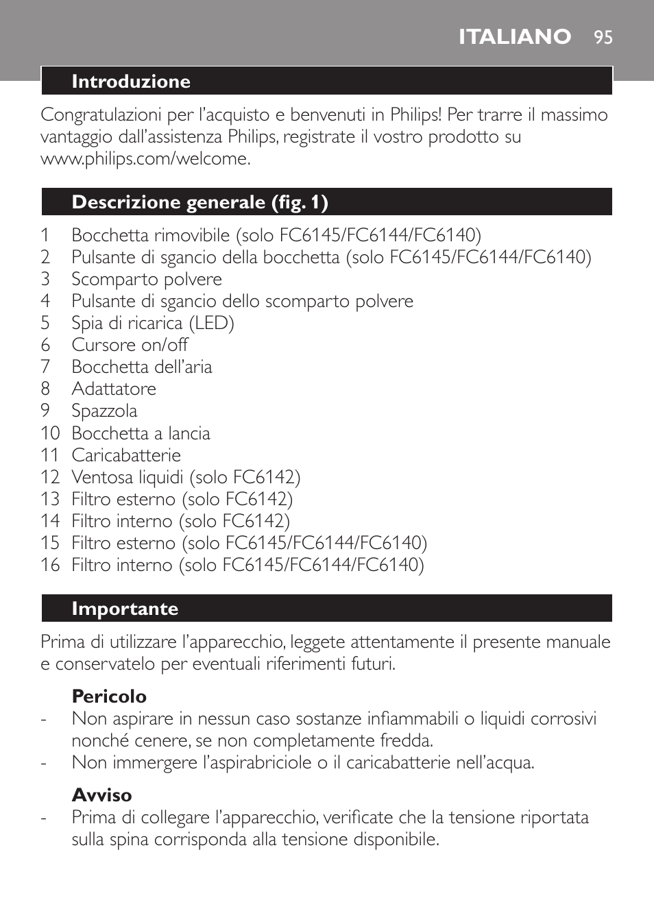 Italiano | Philips MiniVac Handstaubsauger User Manual | Page 95 / 172